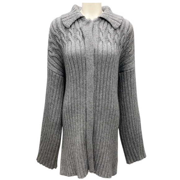 PROENZA SCHOULER GREY WOOL AND ALPACA CABLE KNIT LONG CARDIGAN SWEATER - Picture 1 of 5